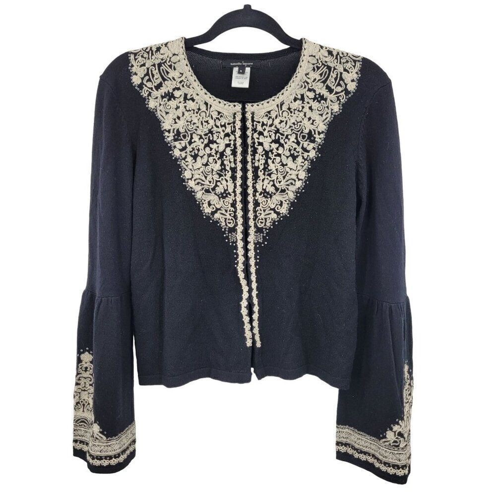 Vtg Merino Wool Sweater Cardigan M Black Embroidered Bell Sleeves‎ Phoebe Goth